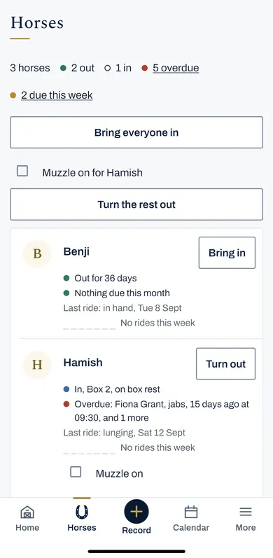 Horses in the iPhone app: 3 horses, 2 out, 1 in, with Bring everyone in and Turn the rest out, then Benji out for 36 days and Hamish in Box 2 on box rest, each with its next thing due.