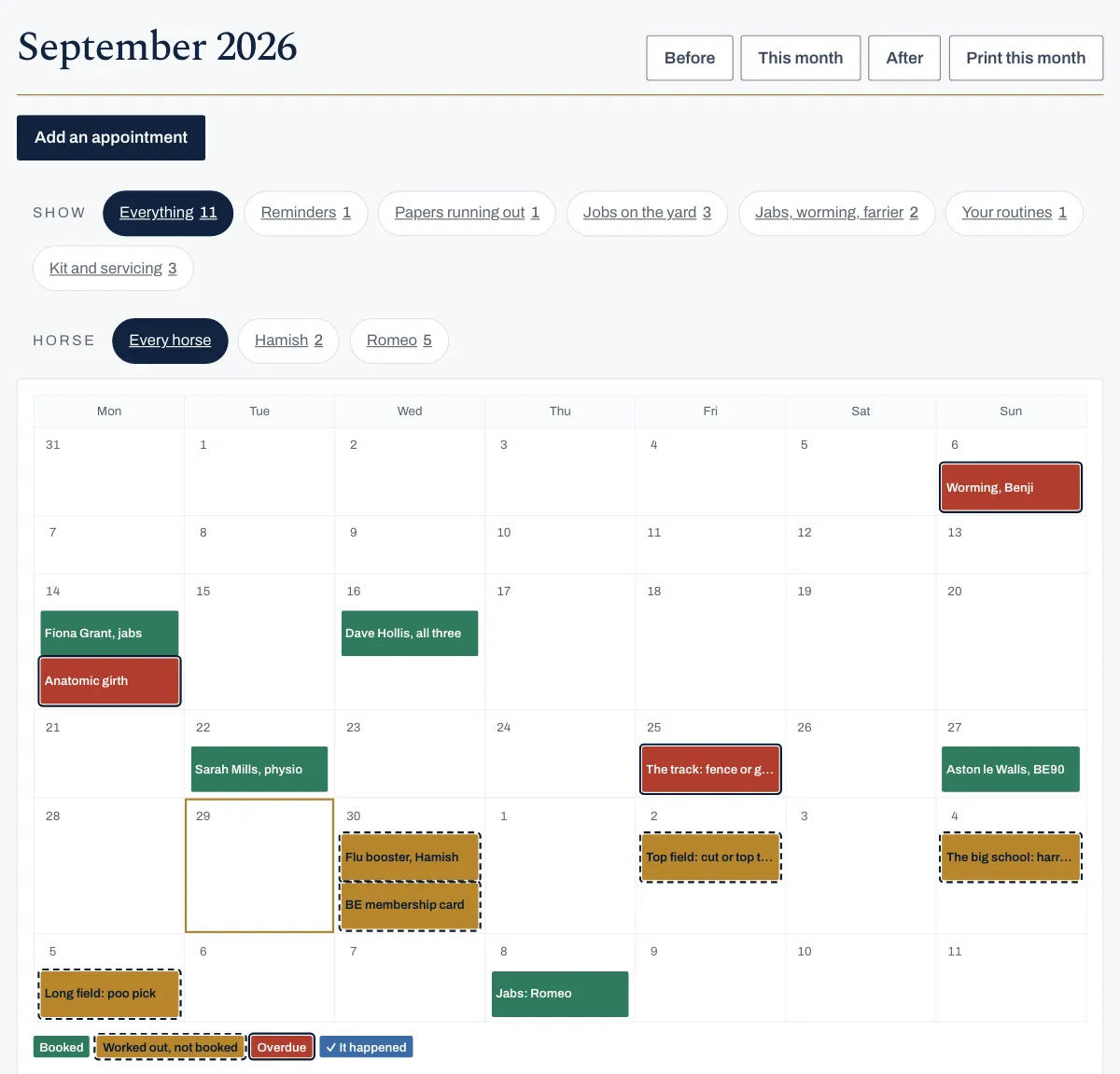 The calendar for the example yard. Each date says how it stands, not by its colour alone: Hamish's flu booster, a membership card running out and jobs on the yard are due, worked out from the record and not booked. On a wide screen the whole month shows, with Benji's worming overdue and a key under it for each colour and mark.