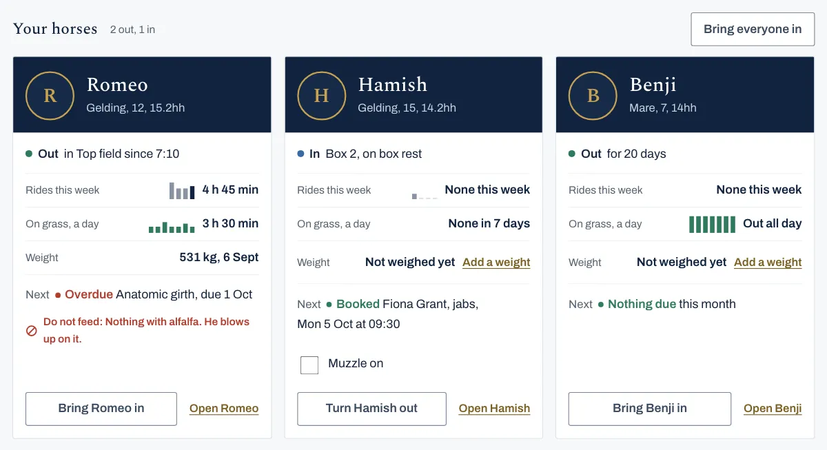 Your horses, on Home in the record book, for the example yard: 2 out, 1 in, and a card for each horse. Romeo's card says Romeo is out in Top field since 7:10, with 4 h 45 min of rides this week and has had 3 h 30 min a day on grass, each with small bars for the weeks and days before, and a weight of 531 kg on 6 September. Next is the anatomic girth, due on 1 October and now overdue, and nothing with alfalfa is to be fed. Hamish and Benji have a card each beside it.